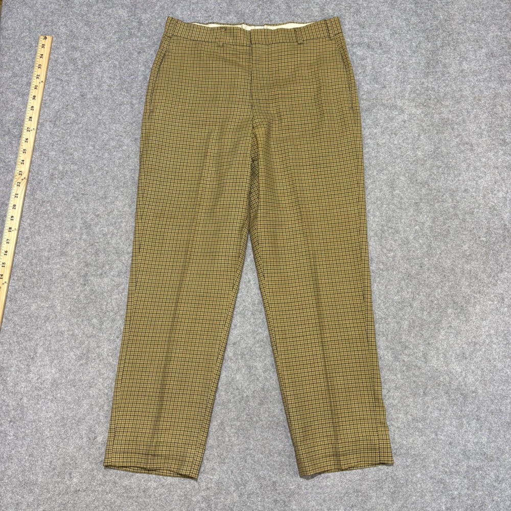 Vintage Mens Mustard Yellow Black Micro Check Plaid Trousers Straight Leg Pants